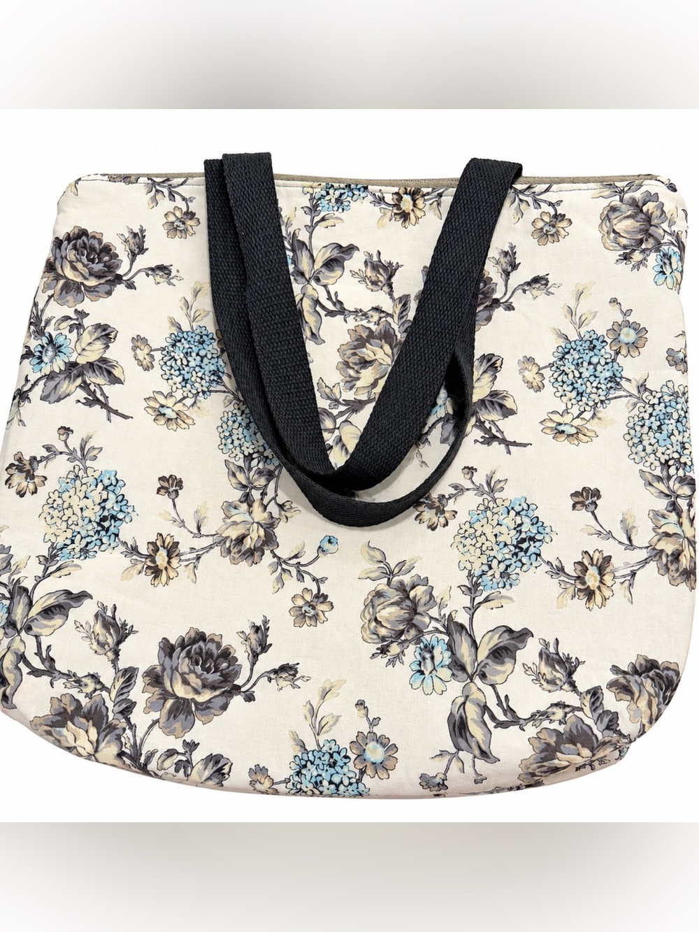 Floral Tote Bag Blue Gray Rose Cottagecore Fabric Zip Top Shoulder Bag